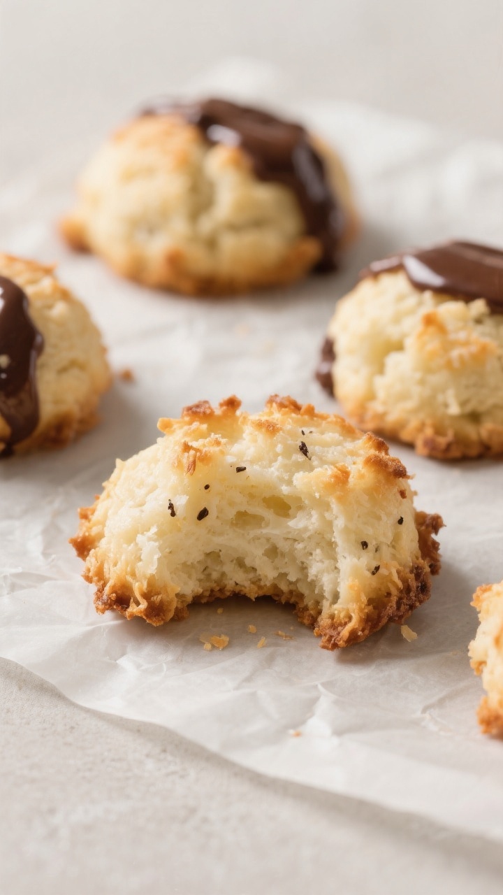 Close-up detail: Freshly baked sugar-free coconut macaroons just out of the oven on parchment, edges