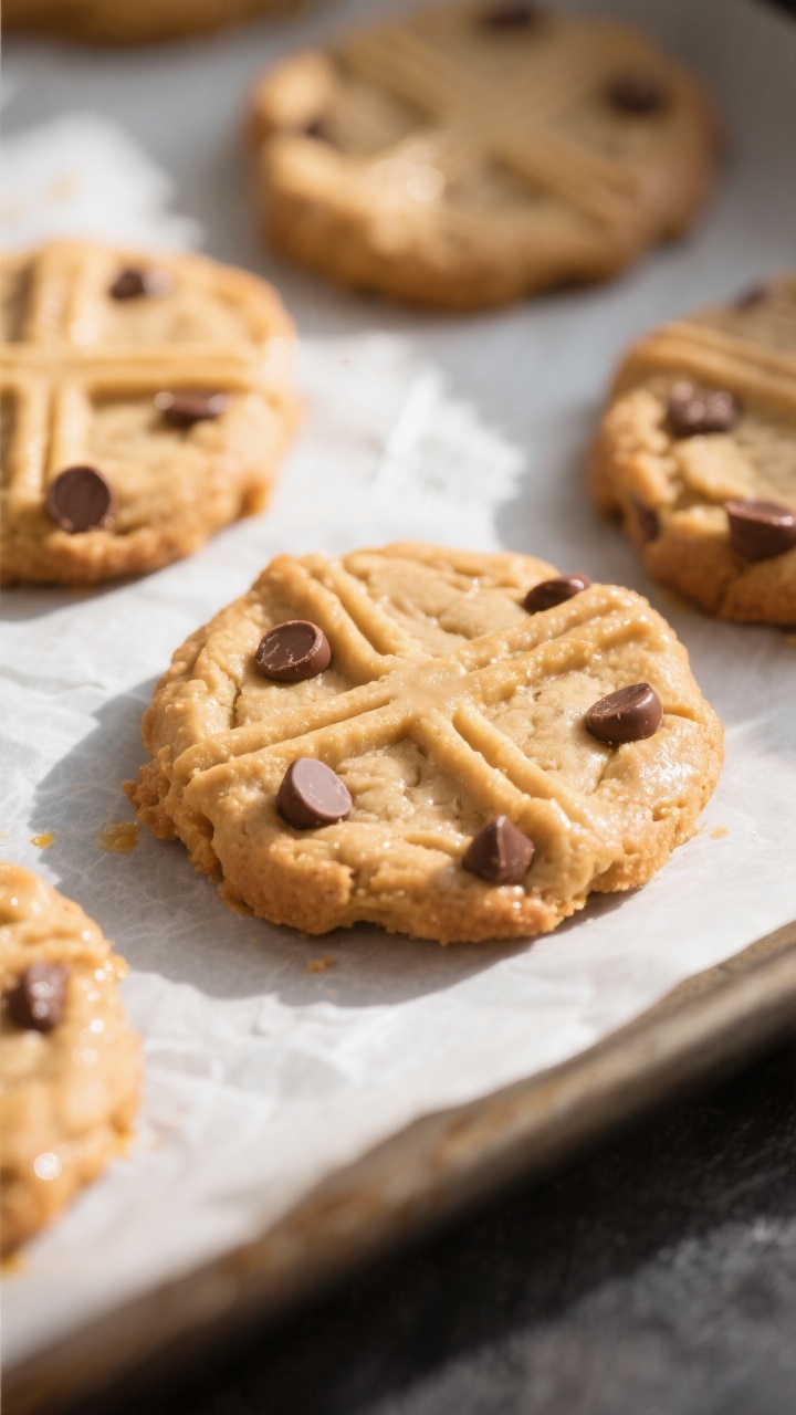 Close-up detail: Freshly baked sugar-free peanut butter cookies just out of the oven on a parchment-