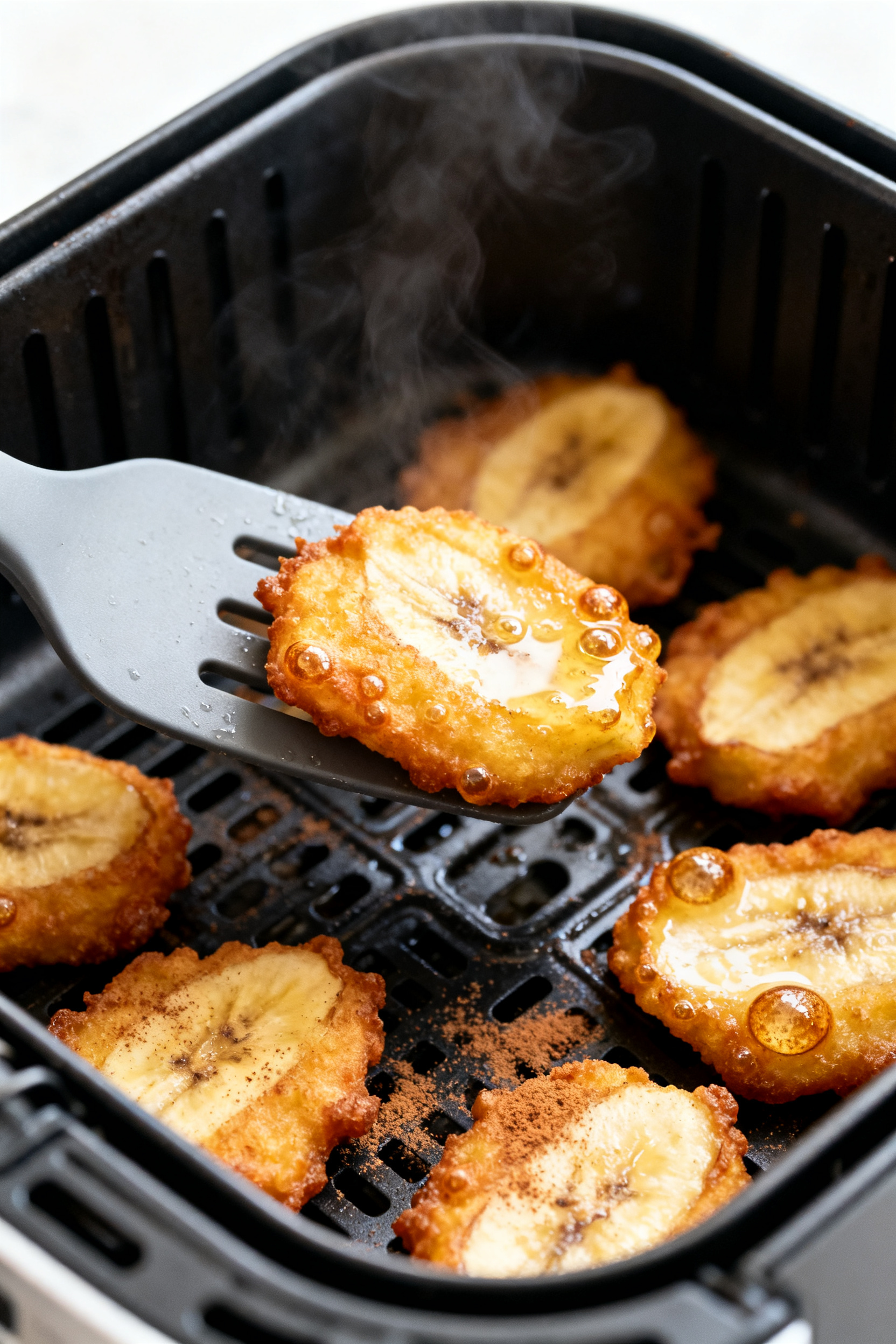 Close-up detail: Golden air-fried banana fritters just flipped in the basket at 375°F, edges deep g