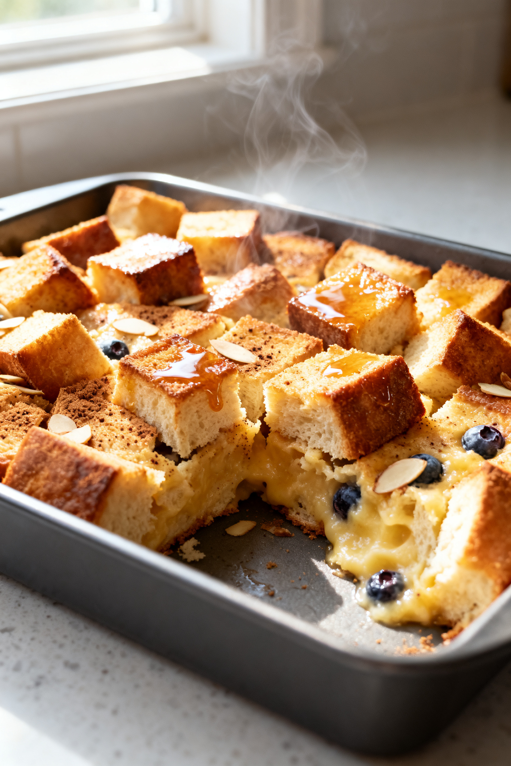 Close-up detail: Golden, freshly baked protein bread pudding in a 9x13 pan just out of the oven, sho
