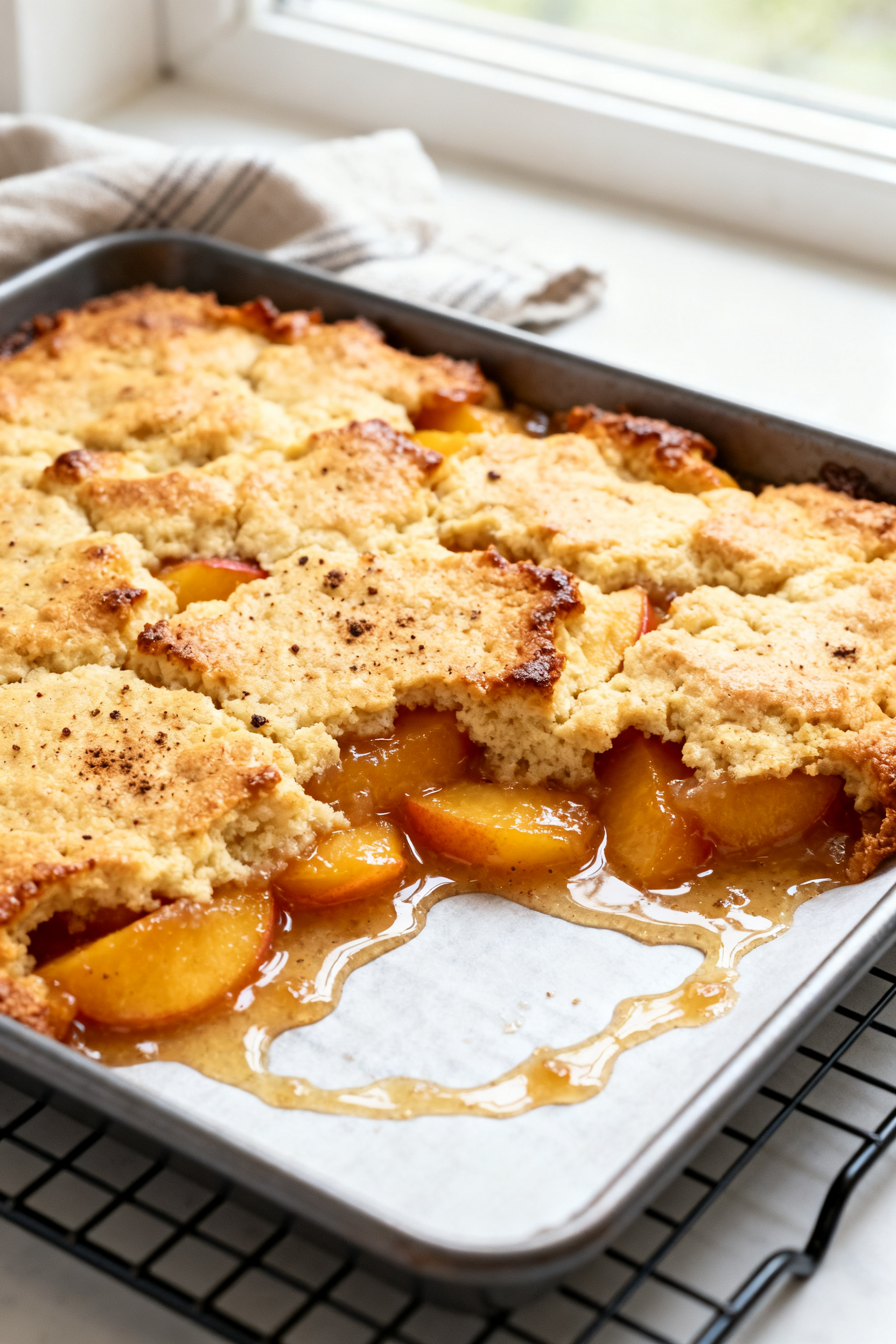 Close-up detail: Golden, sugar-free peach cobbler just out of the oven, focus on the cake-like toppi