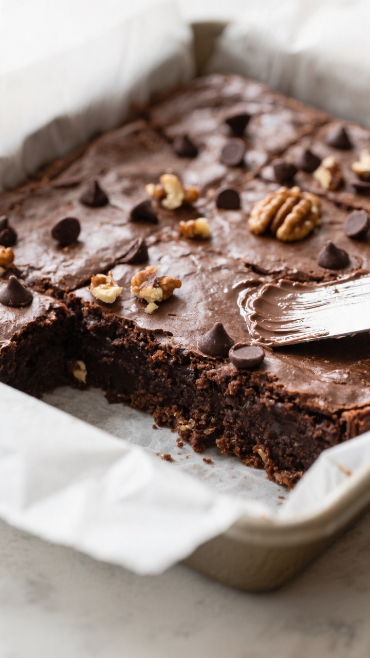 Close-up detail of freshly baked almond flour brownies just out of the 8x8 pan, edges set with a glo