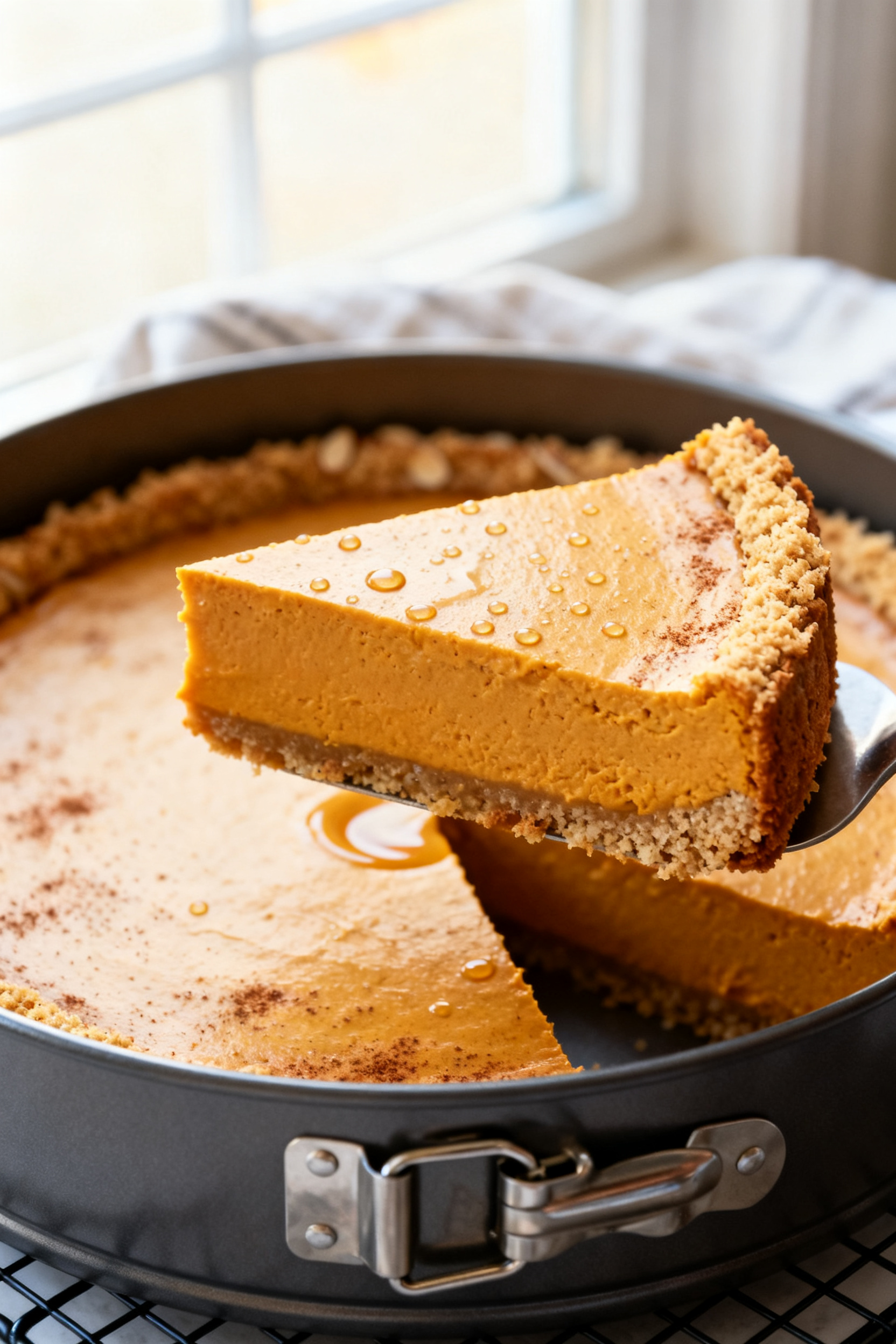 Close-up detail shot: A perfectly baked keto pumpkin cheesecake slice being lifted from the springfo