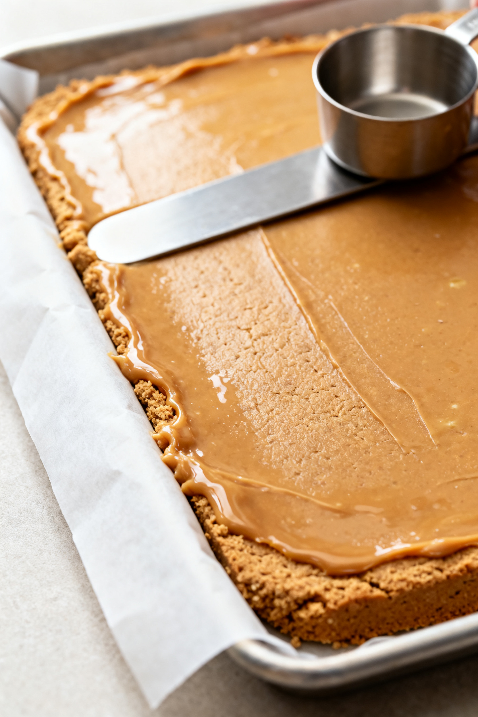 Close-up detail shot: A thick, glossy peanut butter-graham base being pressed firmly into a parchmen