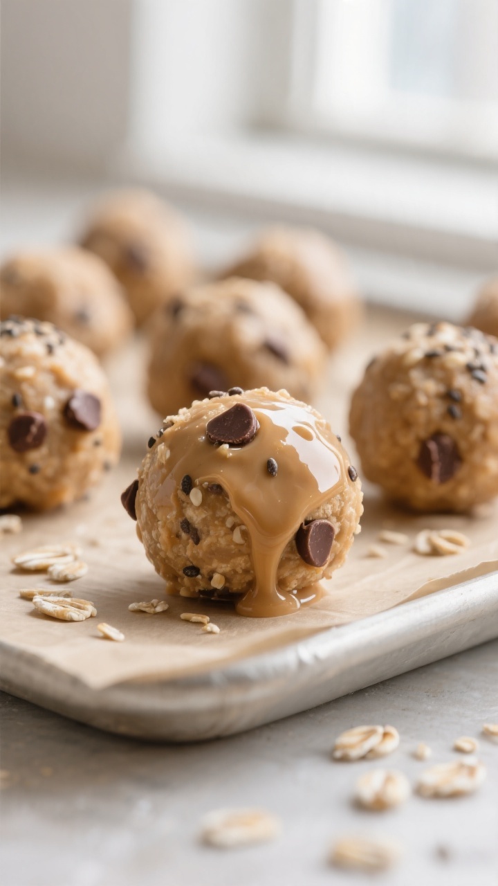 Close-up detail shot: freshly rolled peanut butter protein balls with mini chocolate chips and chia 