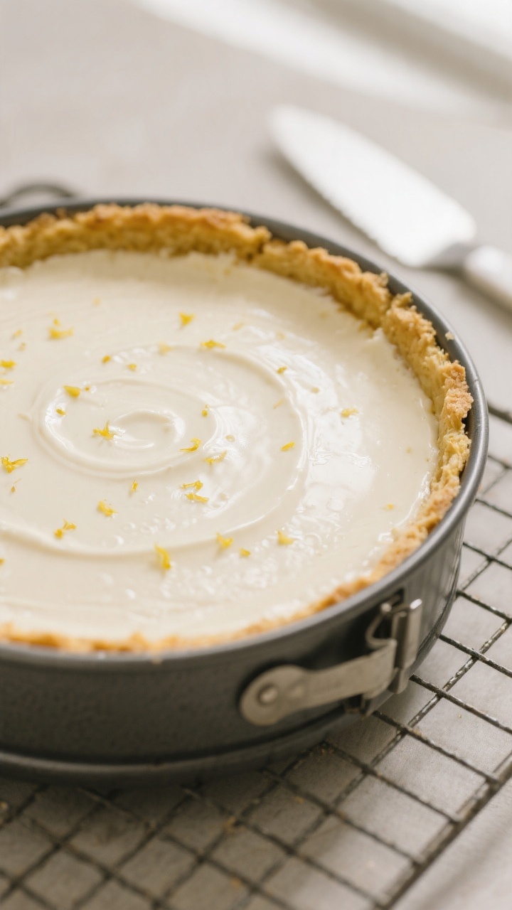 Close-up detail shot of a freshly baked Greek yogurt cheesecake still in the springform pan, edges s