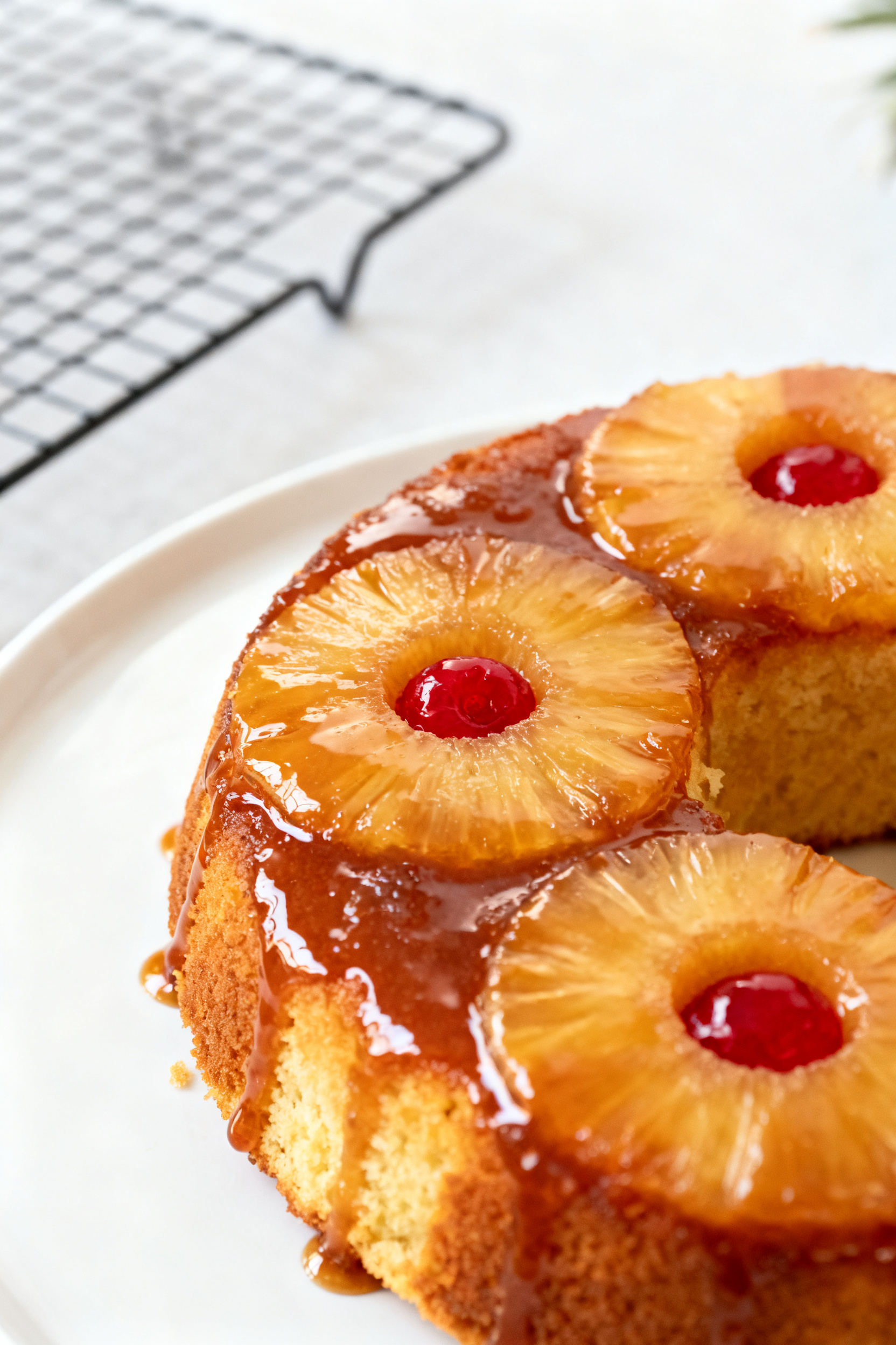 Close-up detail shot of the just-inverted air fryer pineapple upside down cake, showing glossy, cara