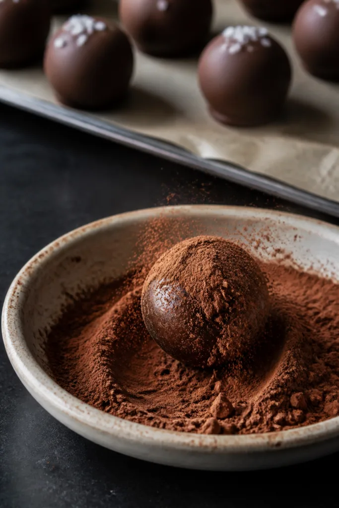 Close-up detail: Silky no-sugar chocolate truffles mid-coating, a just-rolled 1-inch truffle droppin