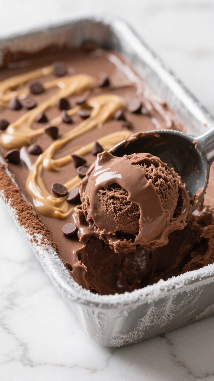Close-up detail: Thick, creamy chocolate protein ice cream being scooped from a chilled metal loaf p