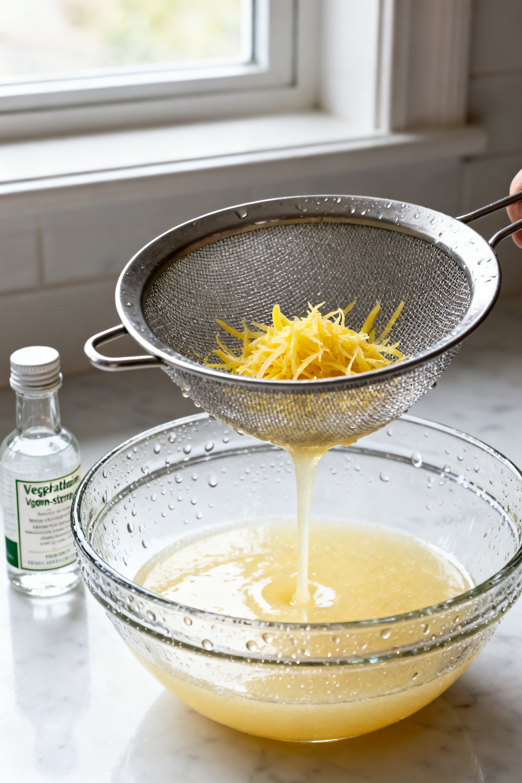 Cooking process: Chilled lemon sorbet base being strained before churning—golden-pale liquid pouri
