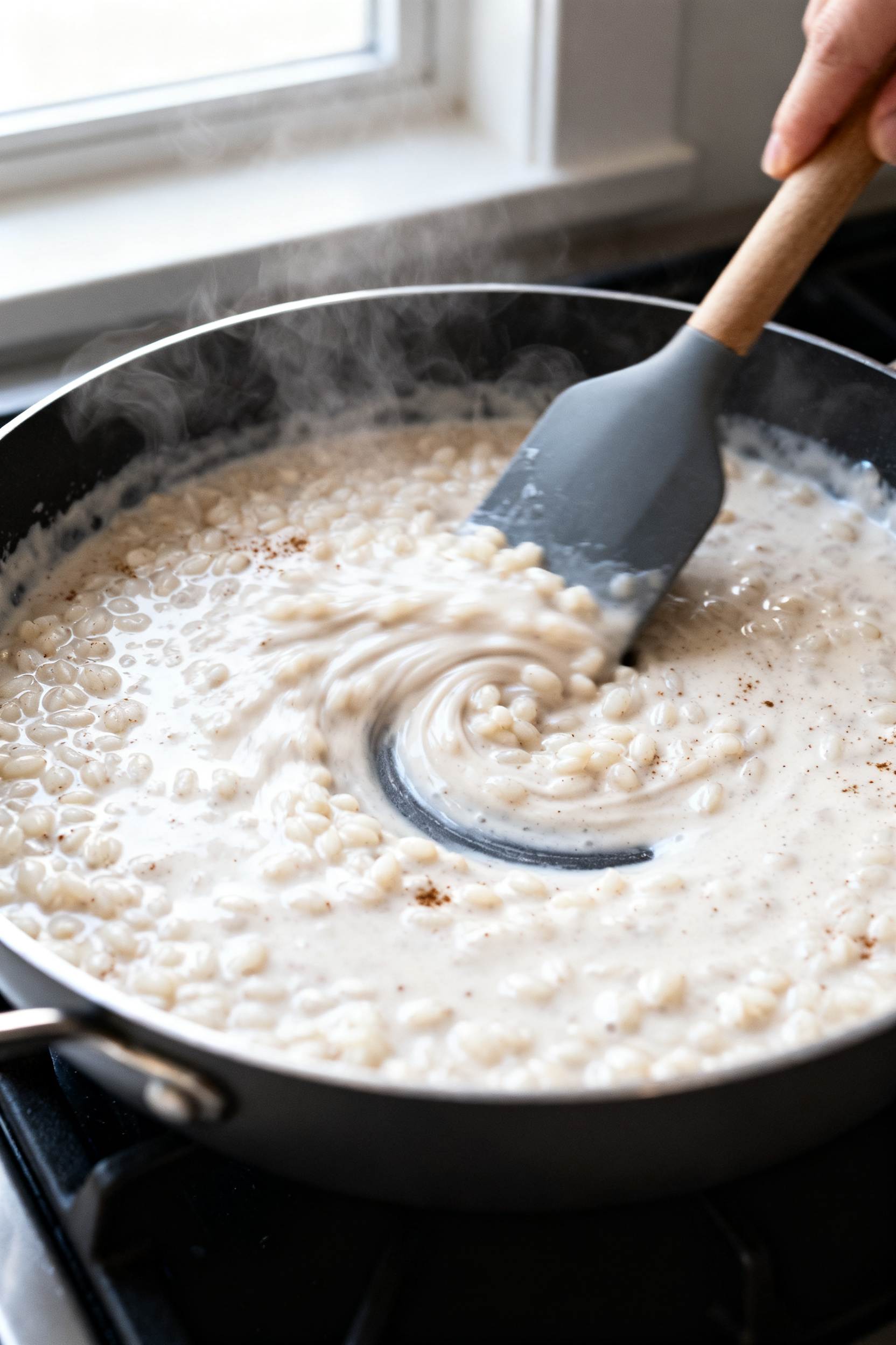 Cooking process close-up: A heavy-bottomed saucepan on low heat with sugar-free rice pudding gently 