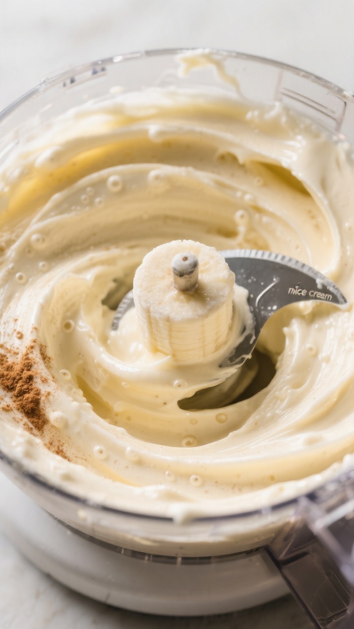 Cooking process, close-up: Frozen banana “nice cream” mid-blend in a food processor bowl, ribbon