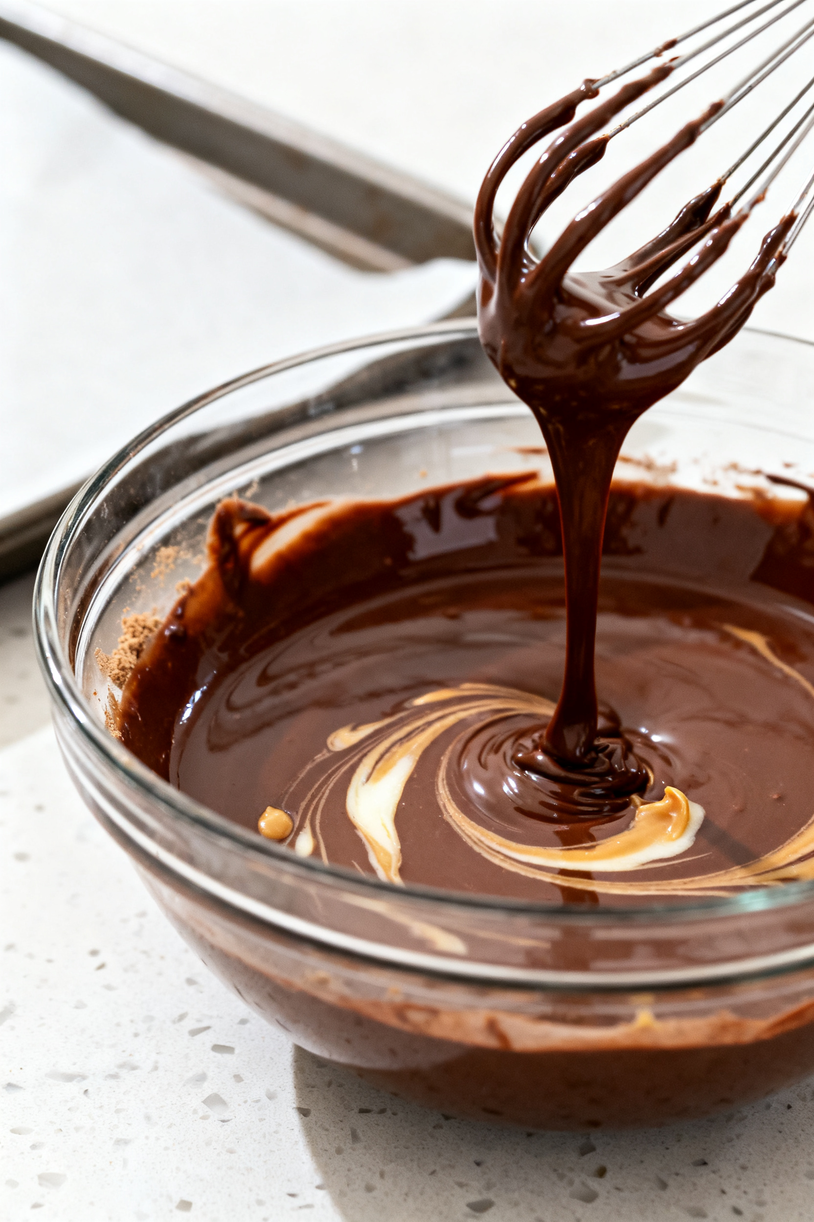 Cooking process close-up: Melted dark chocolate blended with coconut oil and protein powder being wh