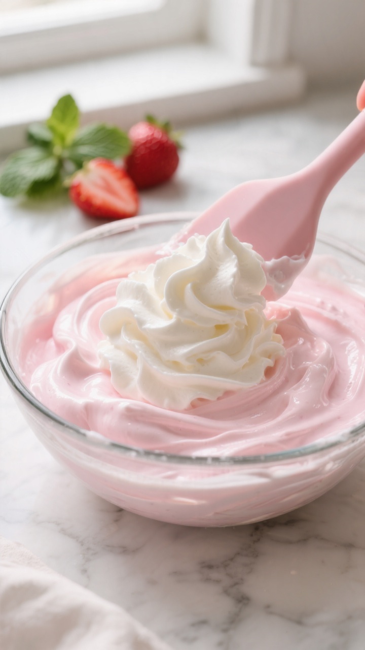 Cooking process close-up: Soft-medium peaks of freshly whipped cream being gently folded into chille