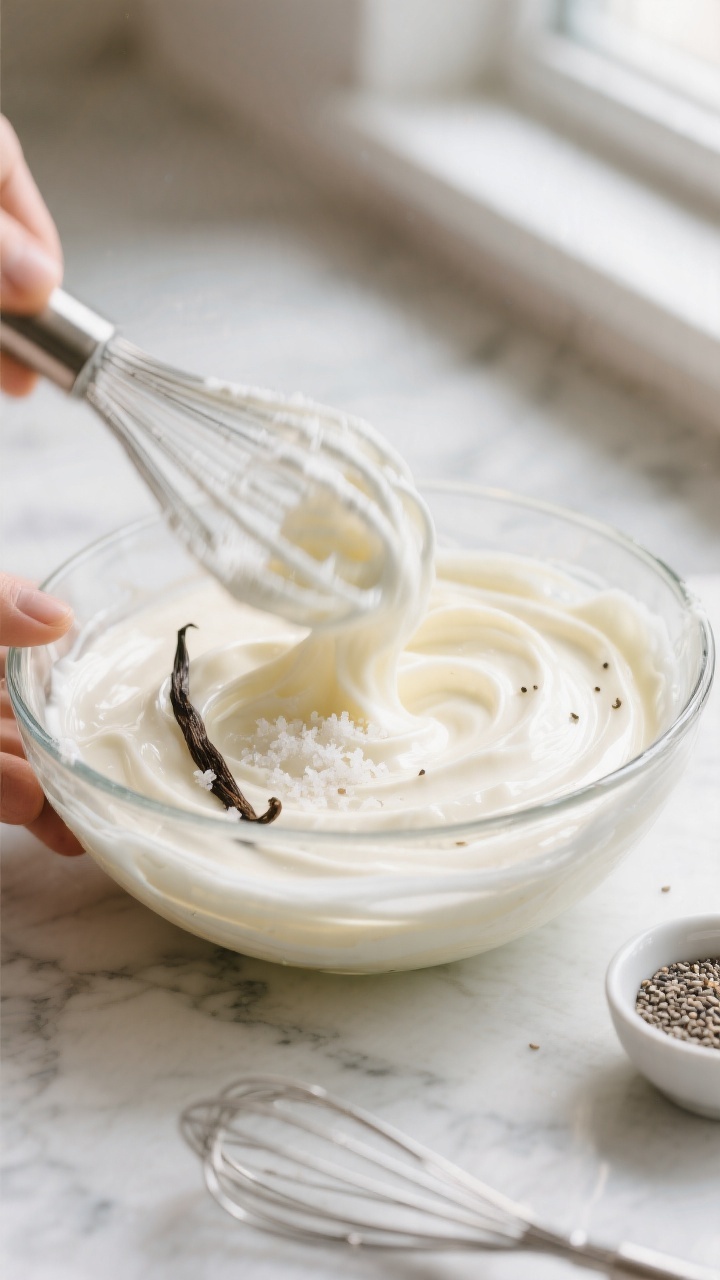 Cooking process close-up: Thick vanilla protein pudding being whisked to a silky, lump-free texture