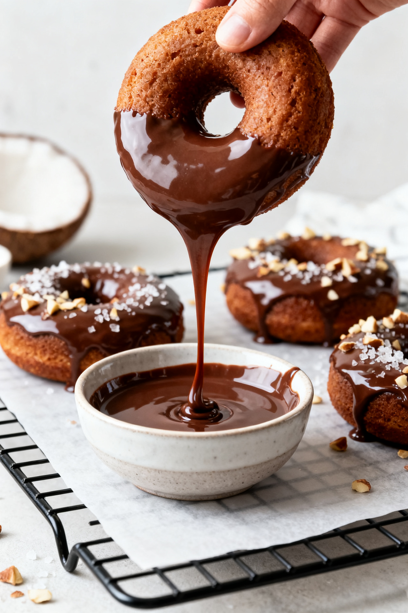 Cooking process: Cooled donuts being dipped into a warm, glossy sugar-free chocolate glaze made from