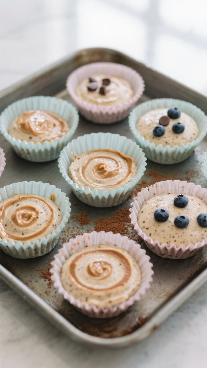 Cooking process: Mini muffin pan filled 3/4 with thick, speckled protein pancake batter, some cups s