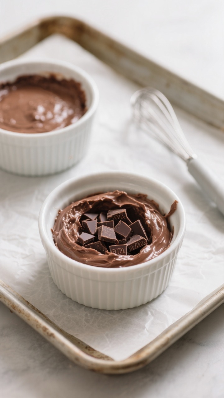 Cooking process: Overhead shot of a greased white ramekin filled with thick, scoopable chocolate bat