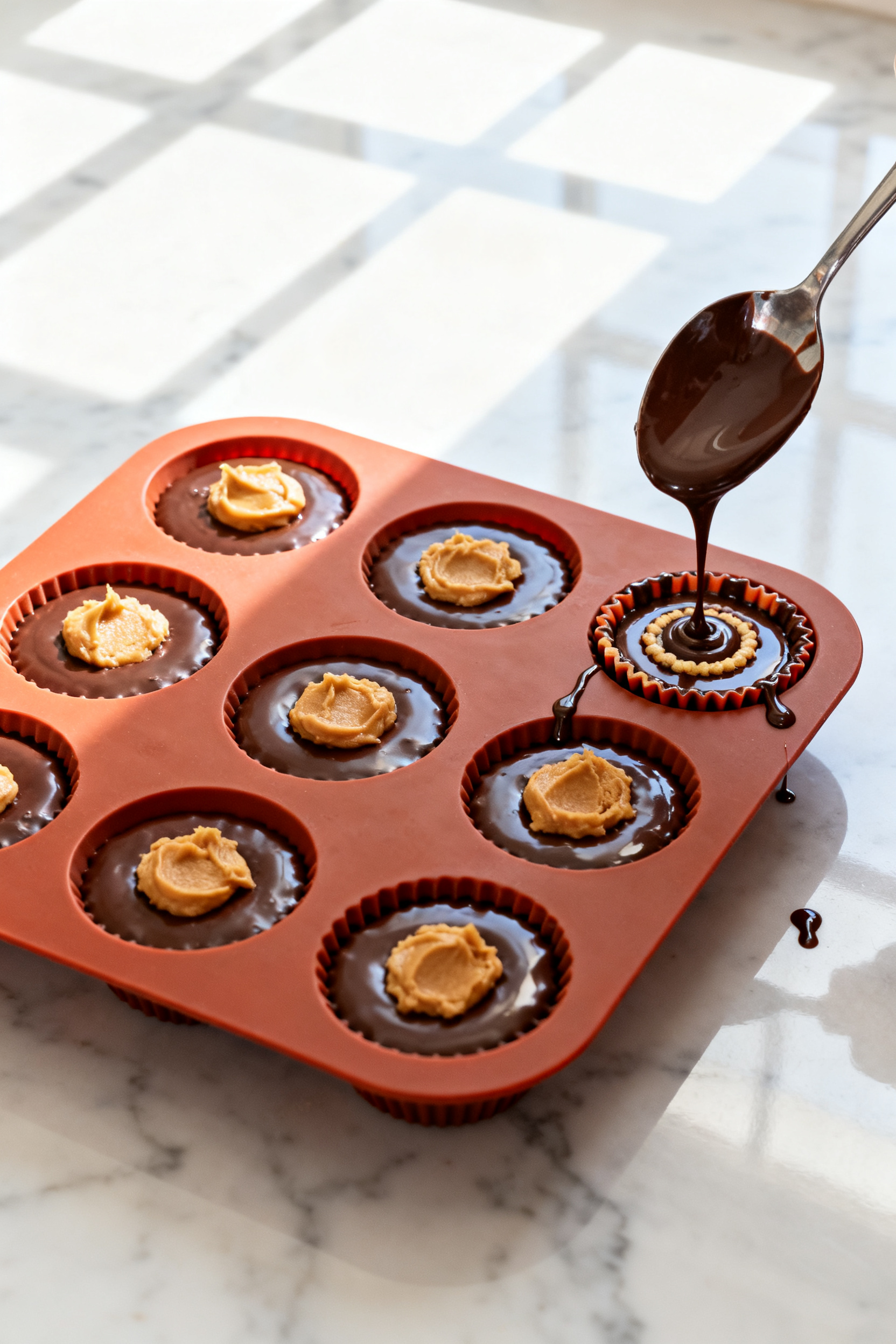 Cooking process: Overhead shot of a silicone muffin pan mid-assembly—base chocolate layer set, nea