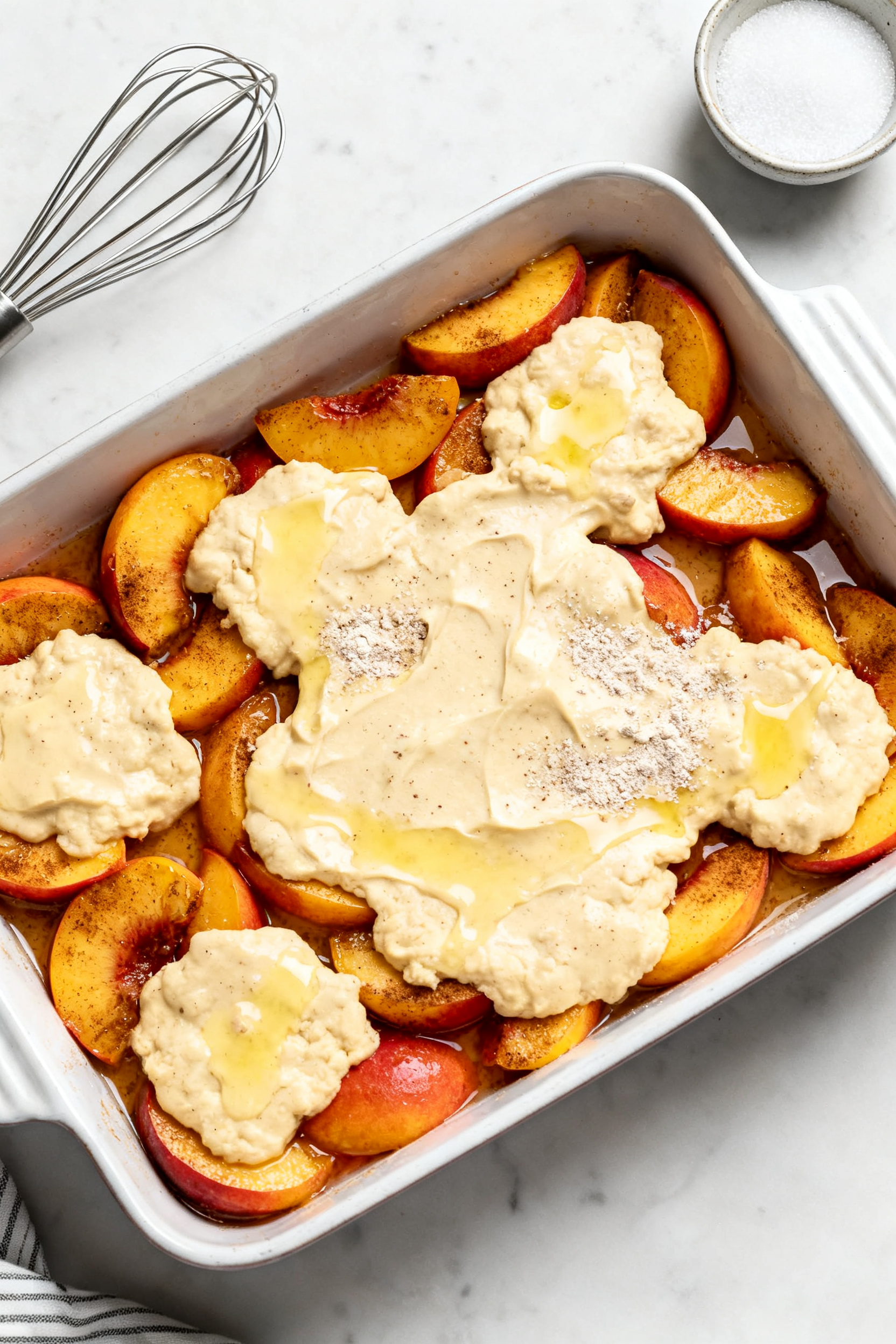 Cooking process: Overhead shot of assembling the cobbler—juicy, spiced peaches spread evenly in a 
