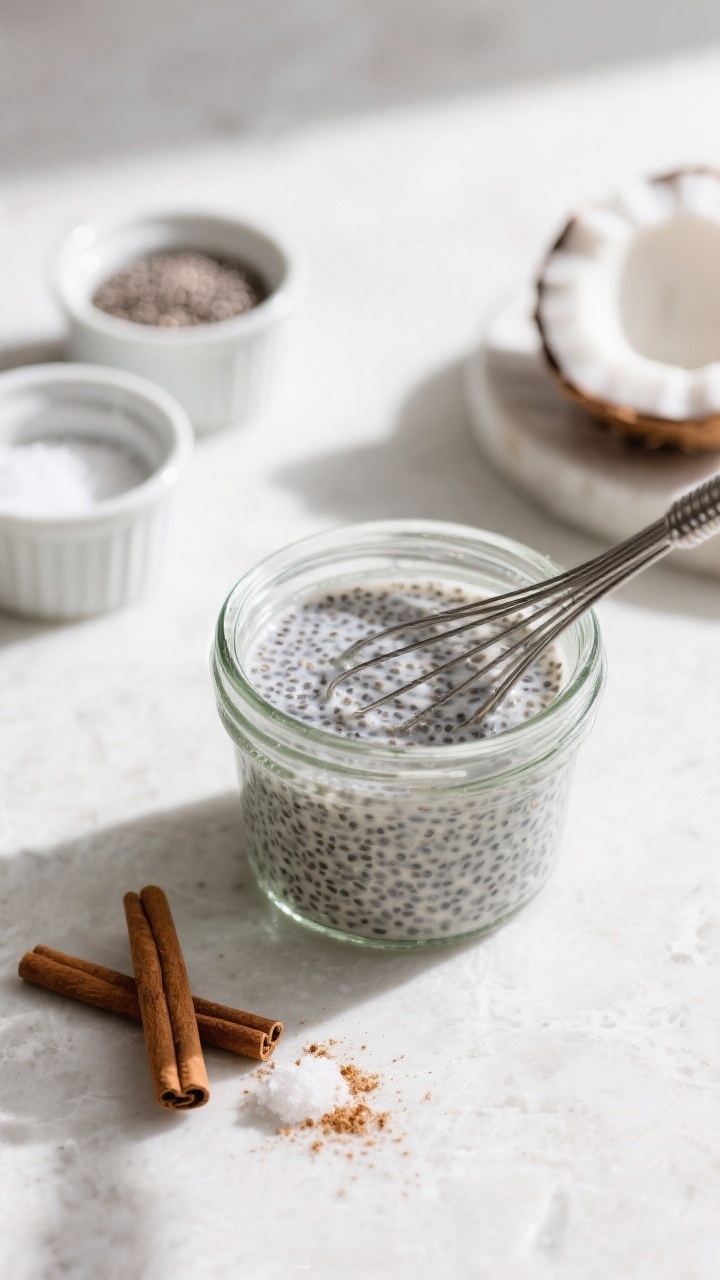 Cooking process: Overhead shot of chia pudding right after the 5–10 minute rest-and-re-stir step i
