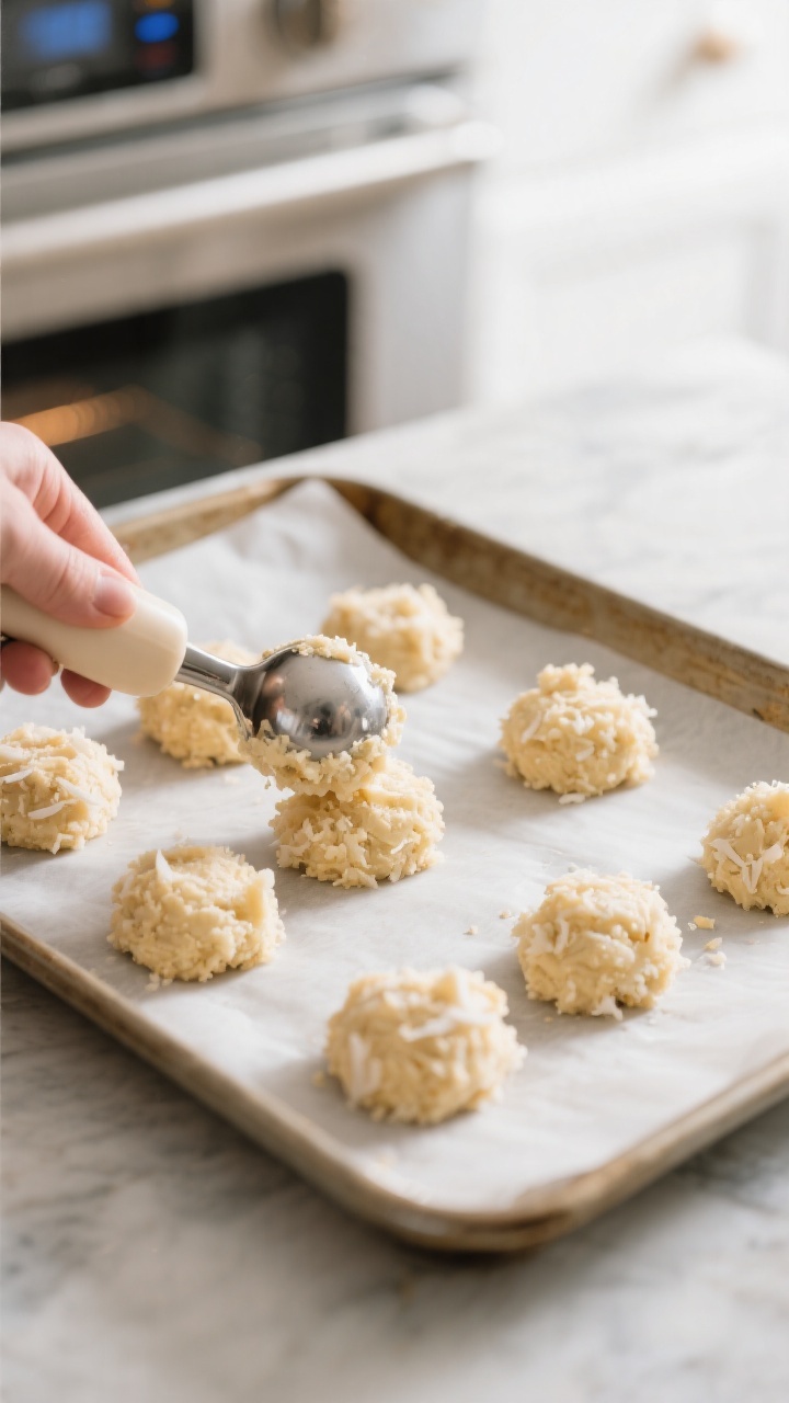 Cooking process: Overhead shot of compact macaroon mounds being portioned on a lined baking sheet wi