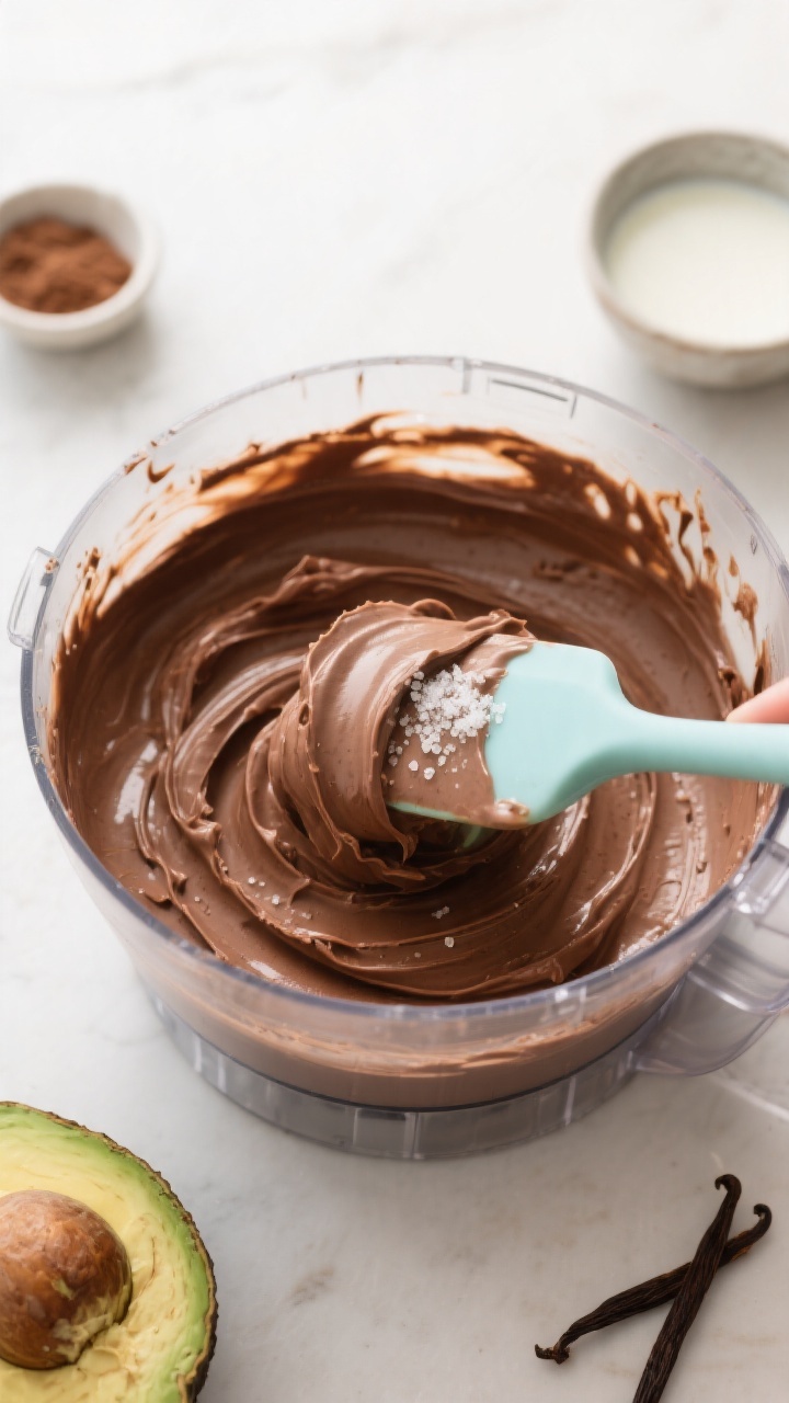 Cooking process: Overhead shot of freshly blended chocolate avocado mousse in a food processor bowl,
