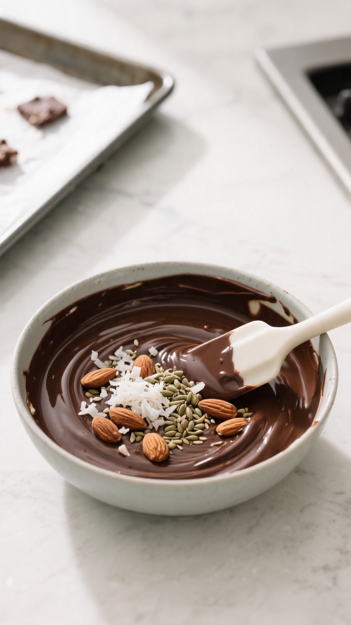 Cooking process: Overhead shot of melted 85% dark chocolate in a heatproof bowl, thick and satiny wi
