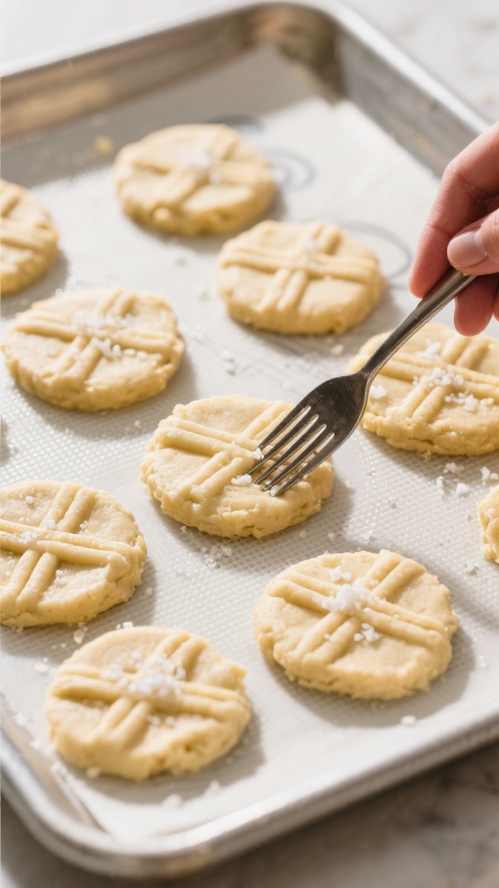 Cooking process: Overhead shot of shaped cookie dough discs on a silicone mat being gently pressed w