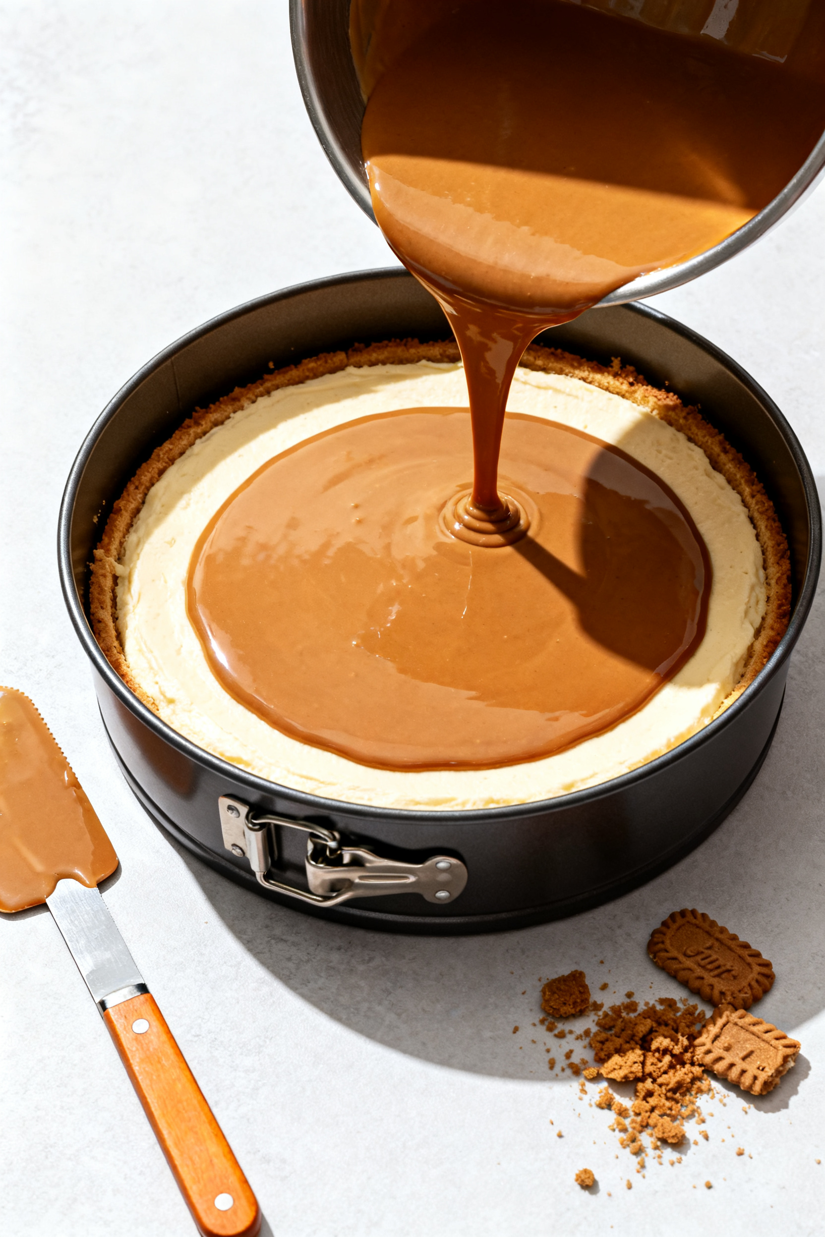 Cooking process: Overhead shot of the cheesecake in a 9-inch springform pan right after pouring and 