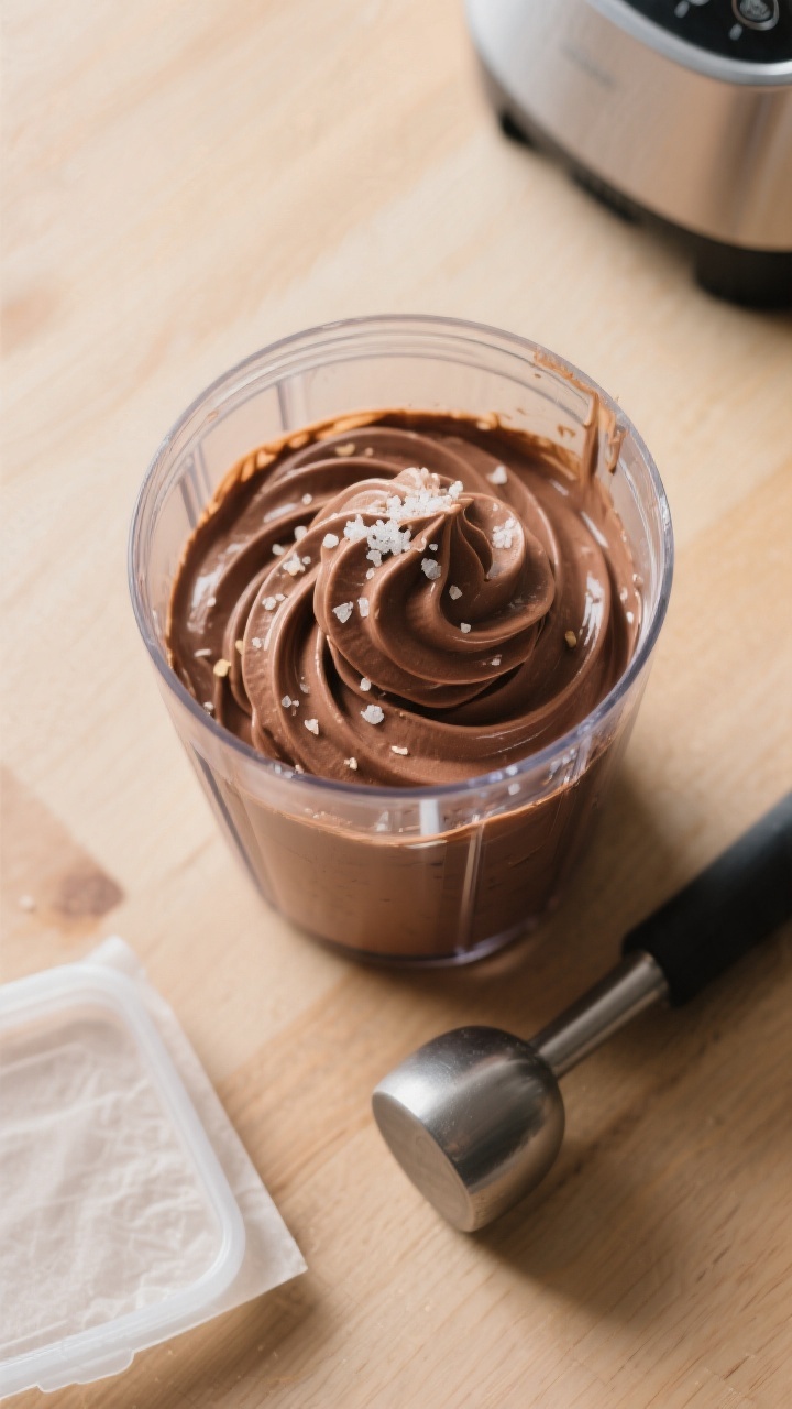 Cooking process: Overhead shot of the just-blended soft-serve stage in a high-powered blender jar, v
