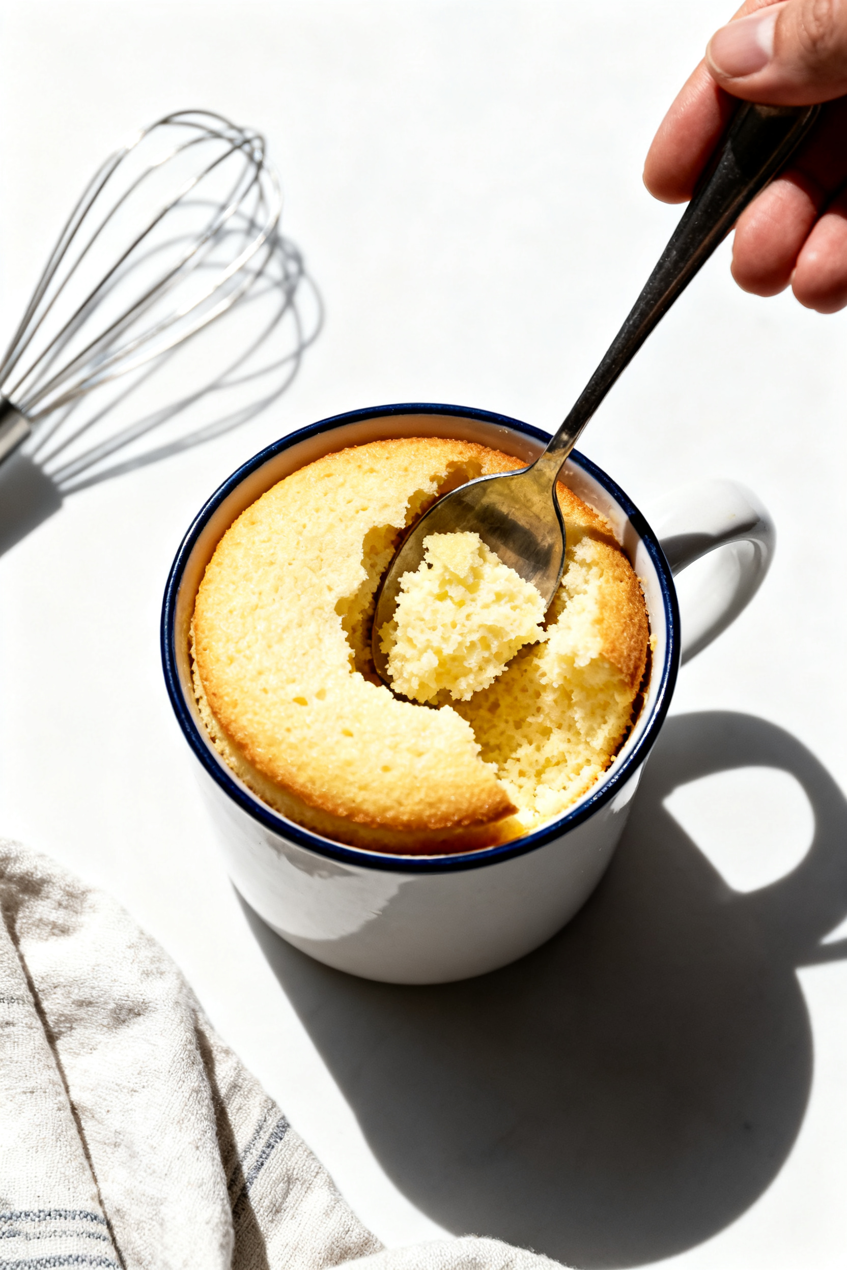 Cooking process: Overhead shot of the keto lemon mug cake mid-cook reveal—mug pulled from microwav
