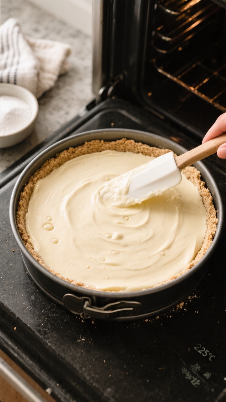 Cooking process: Overhead shot of the par-baked almond flour crust in a 9-inch springform pan, fully