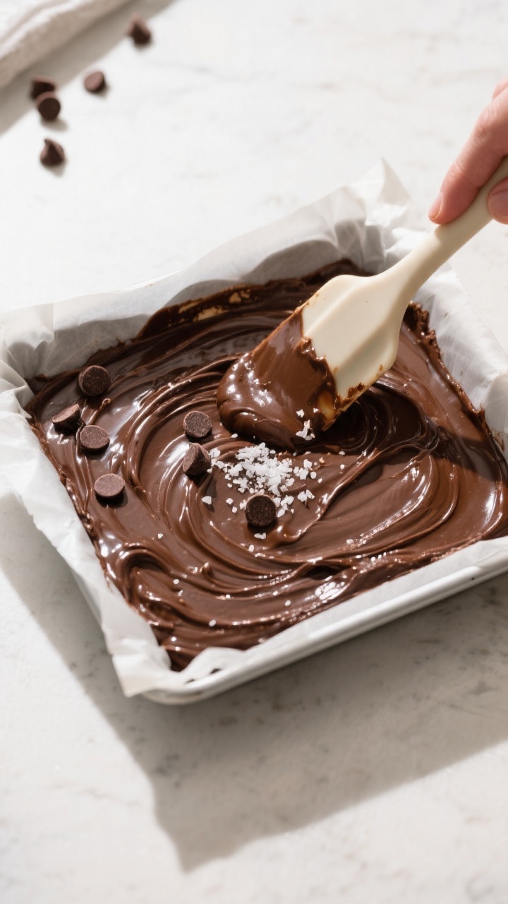 Cooking process: Overhead shot of the thick, shiny brownie batter being spread and smoothed in an 8-