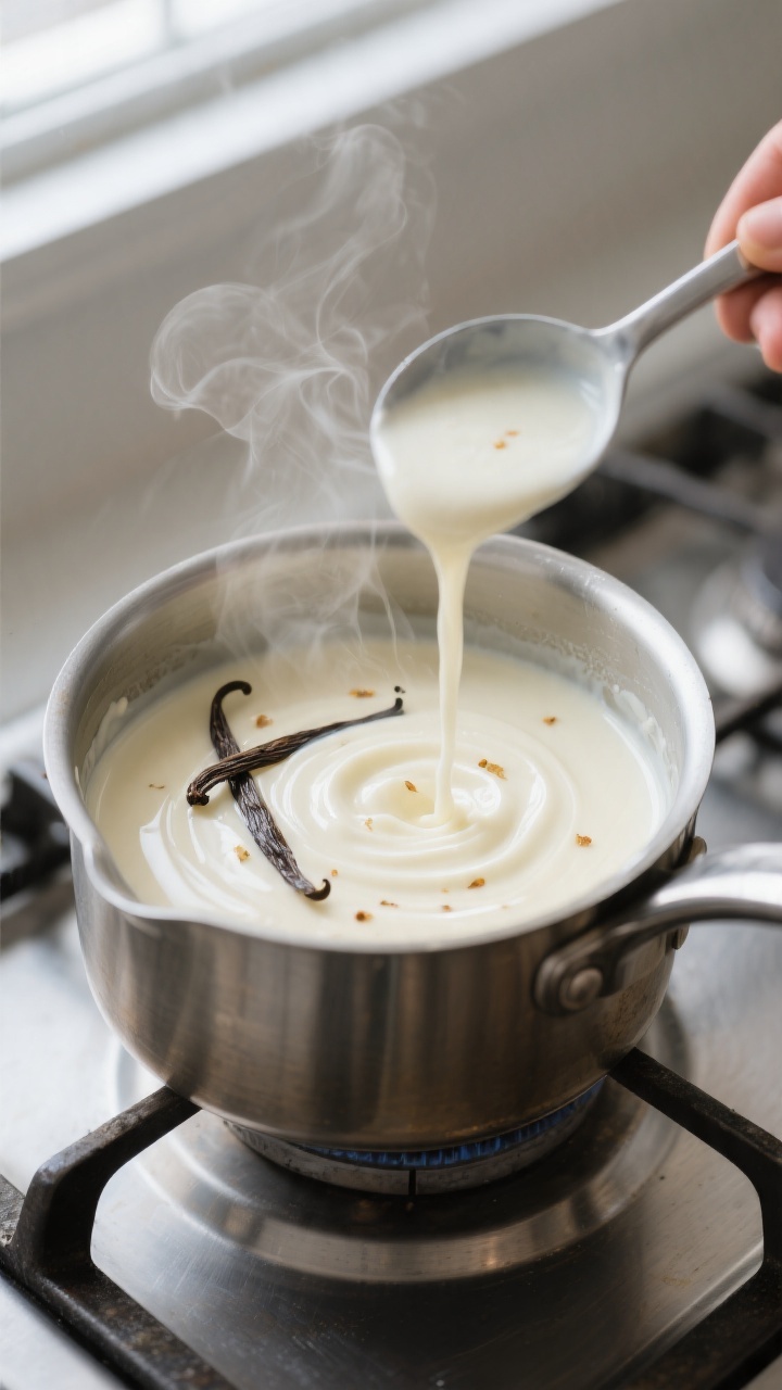 Cooking process, stovetop: Medium saucepan of hot vanilla panna cotta mixture just off the heat, sil