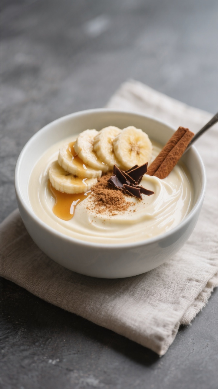 Final dish beauty shot: Creamy vanilla protein pudding spooned into a small matte-white bowl, topped