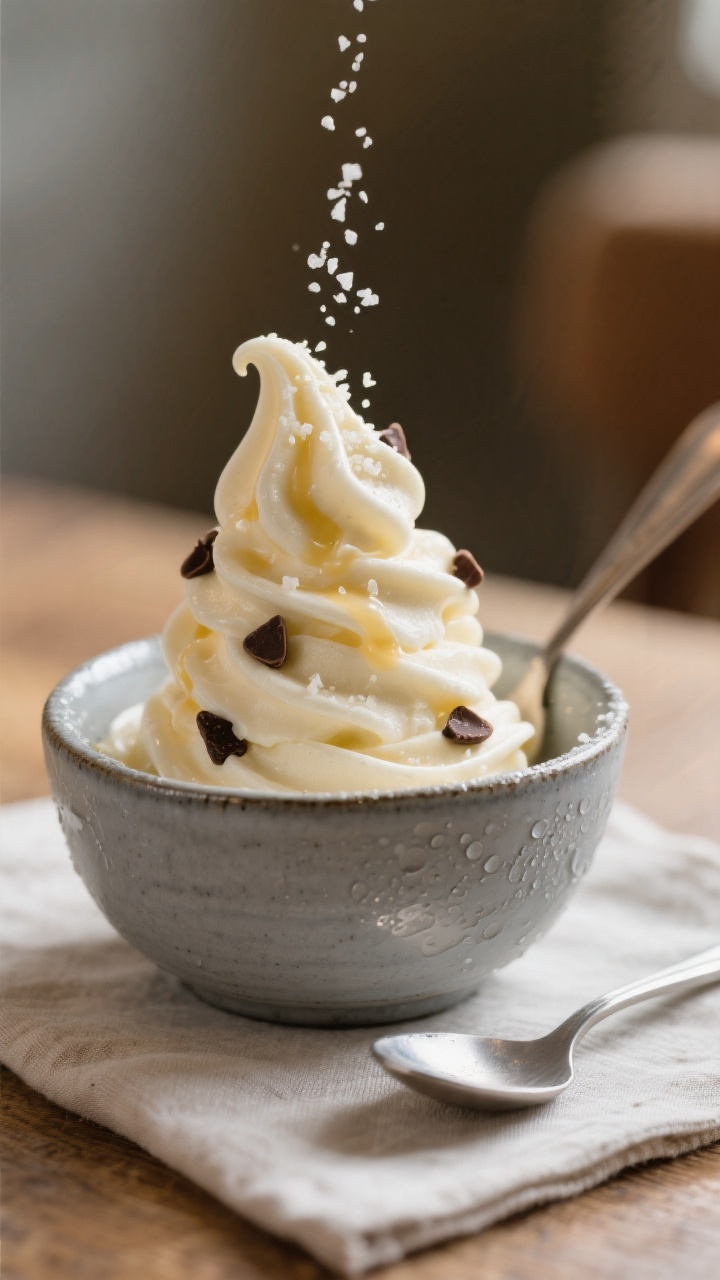 Final dish, plated: Soft-serve style no-sugar banana ice cream freshly scooped into a cool gray cera