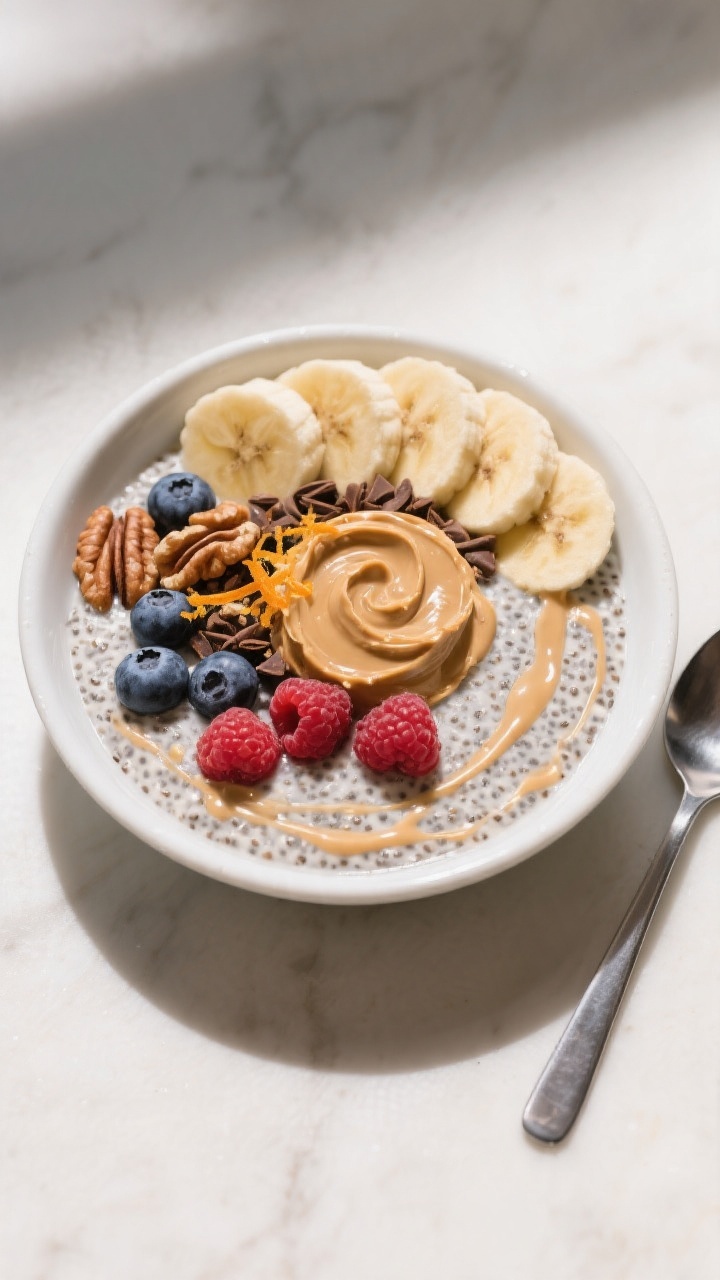 Final dish presentation: Beautifully plated chia seed pudding breakfast bowl served cold, topped wit