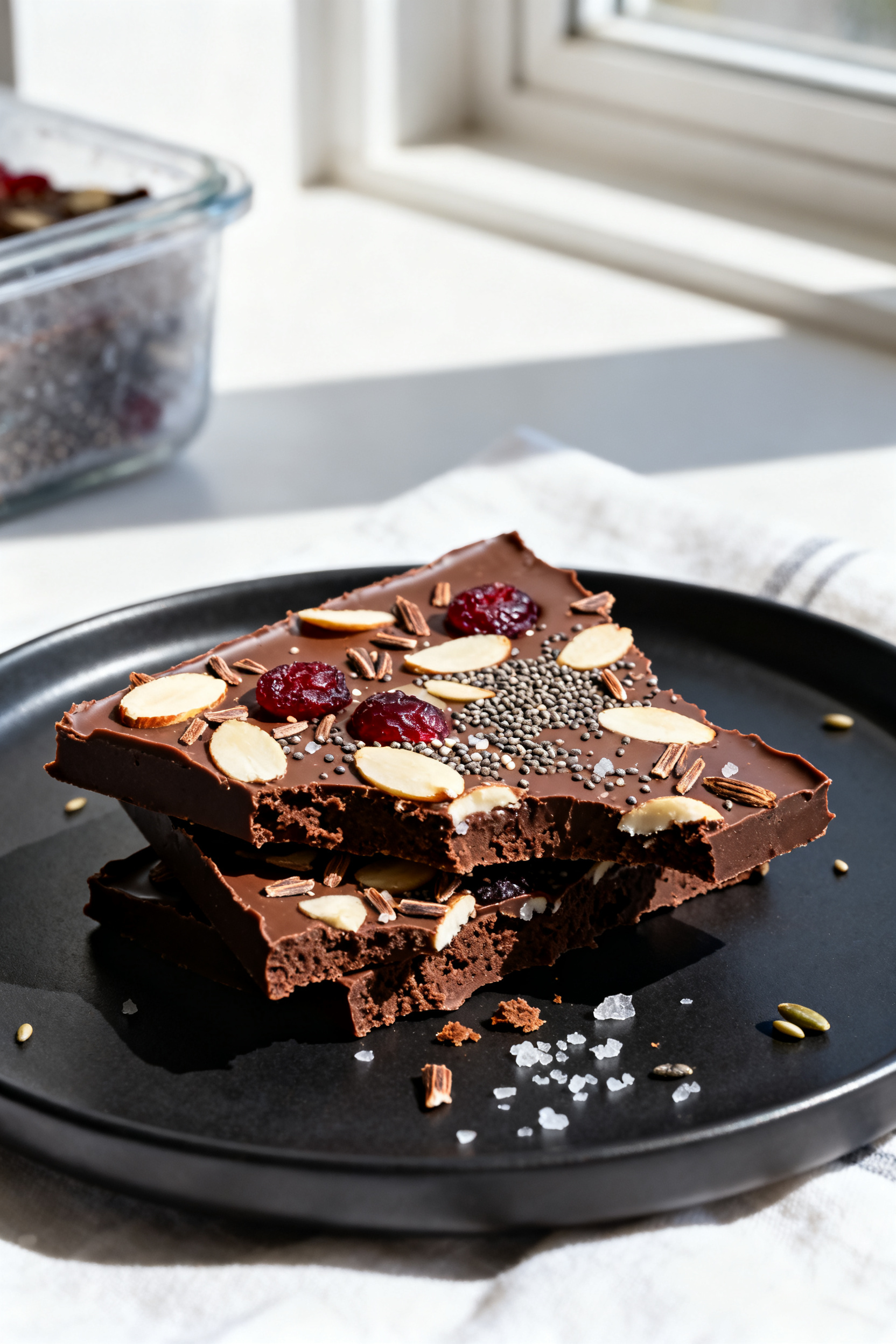 Final dish presentation: Beautifully plated chocolate protein bark snapped into palm-sized shards, s