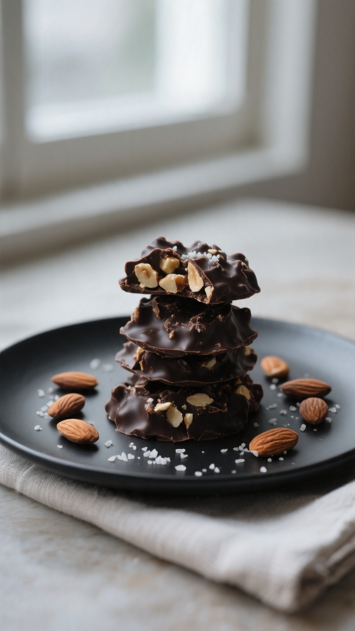 Final dish presentation: Beautifully plated dark chocolate almond clusters on a matte black plate, a