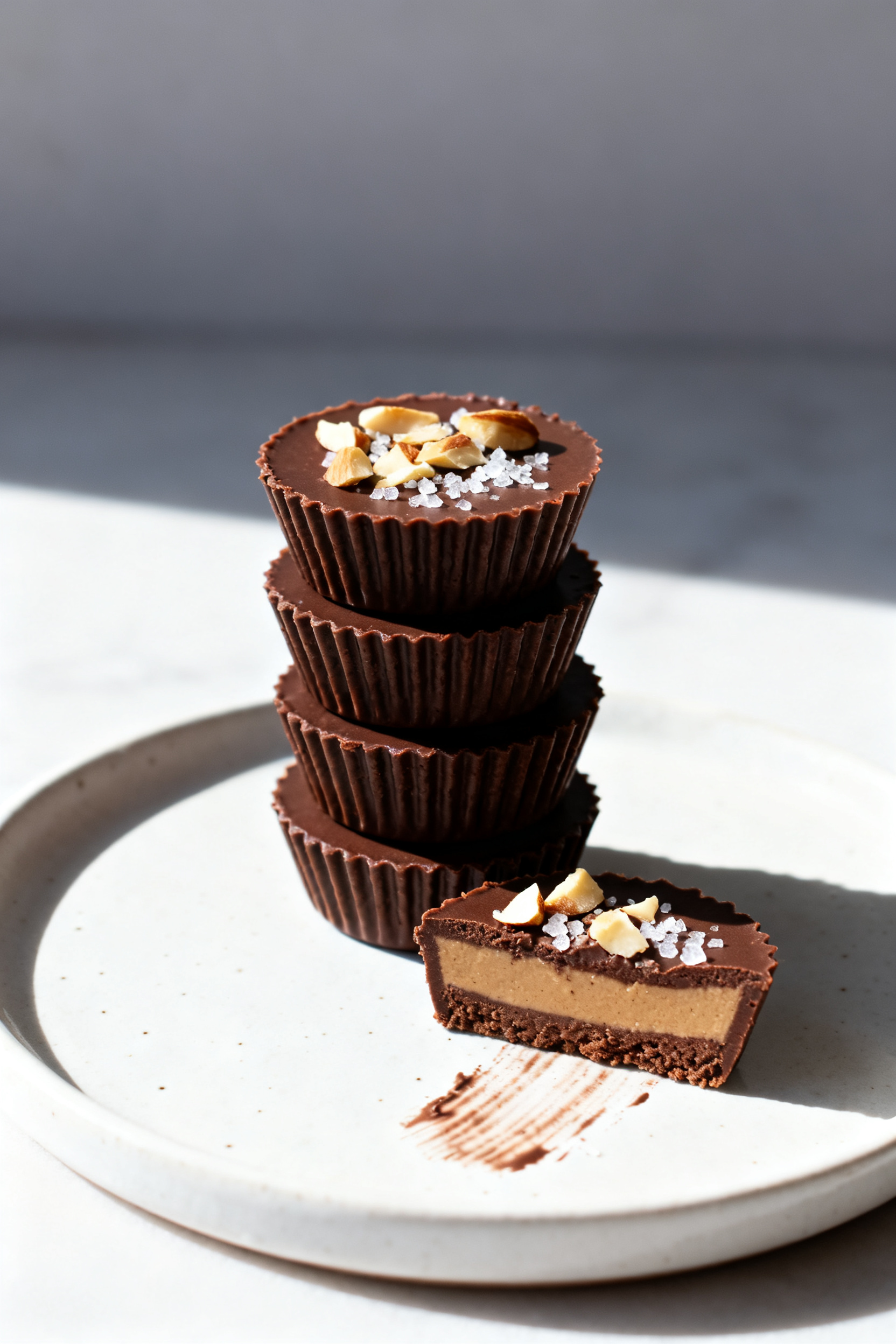 Final dish presentation: Beautifully plated finished Keto Almond Butter Cups arranged in a staggered