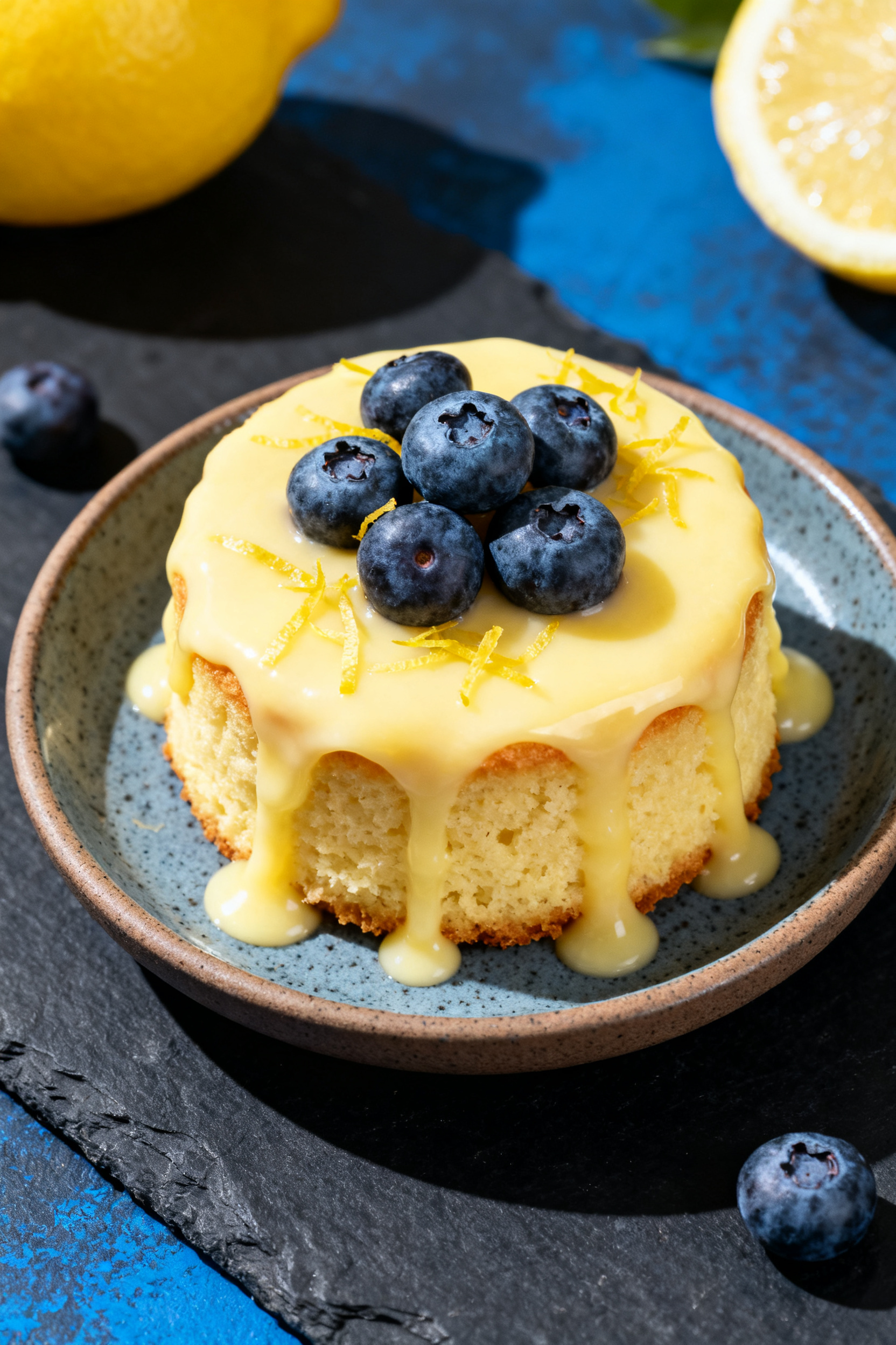 Final dish presentation: Beautifully plated keto lemon mug cake turned out onto a small matte stonew