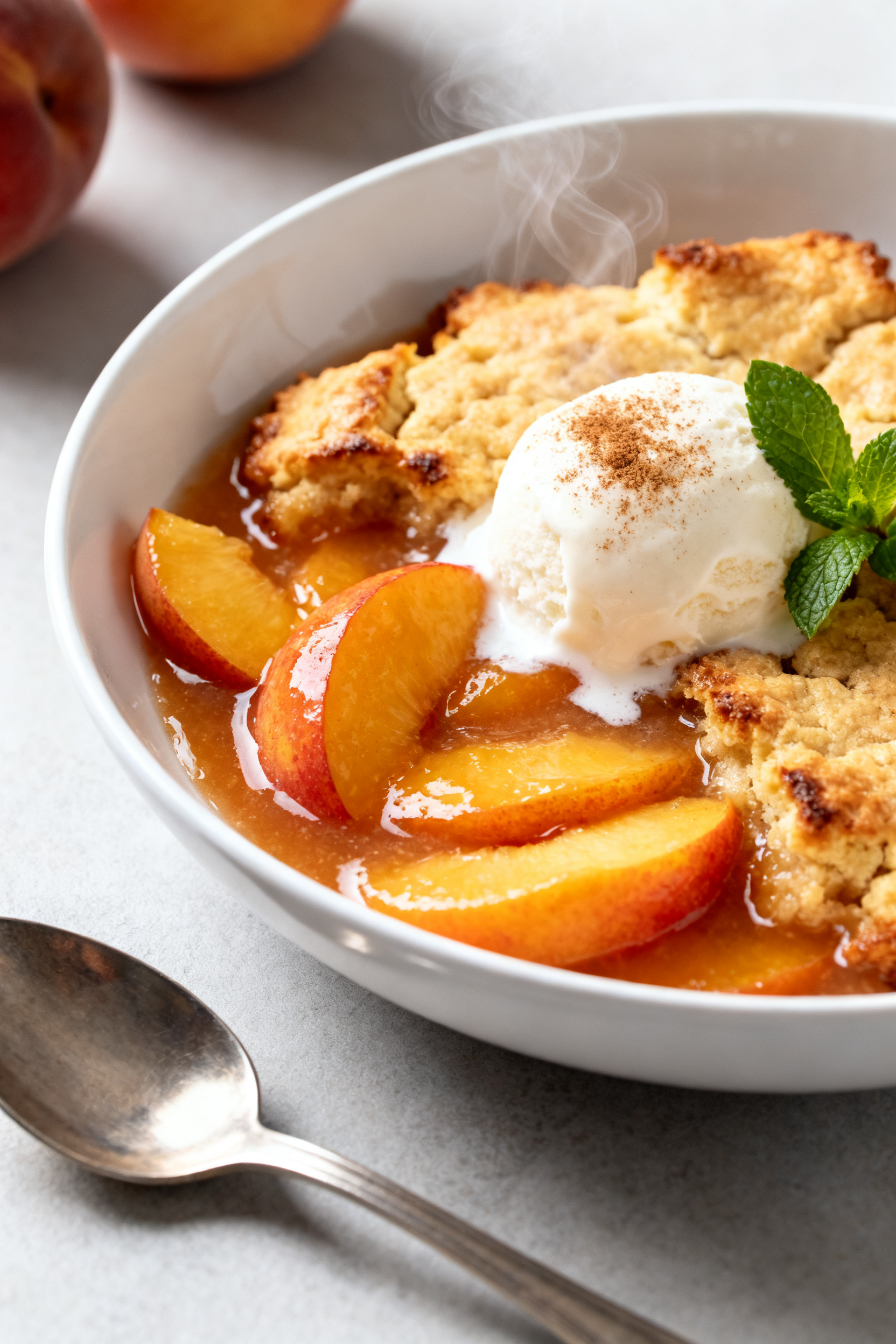Final dish presentation: Beautifully plated serving of sugar-free peach cobbler in a shallow white d