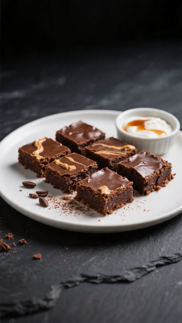 Final dish presentation: Beautifully plated squares of high-protein fudgy brownies arranged on a mat