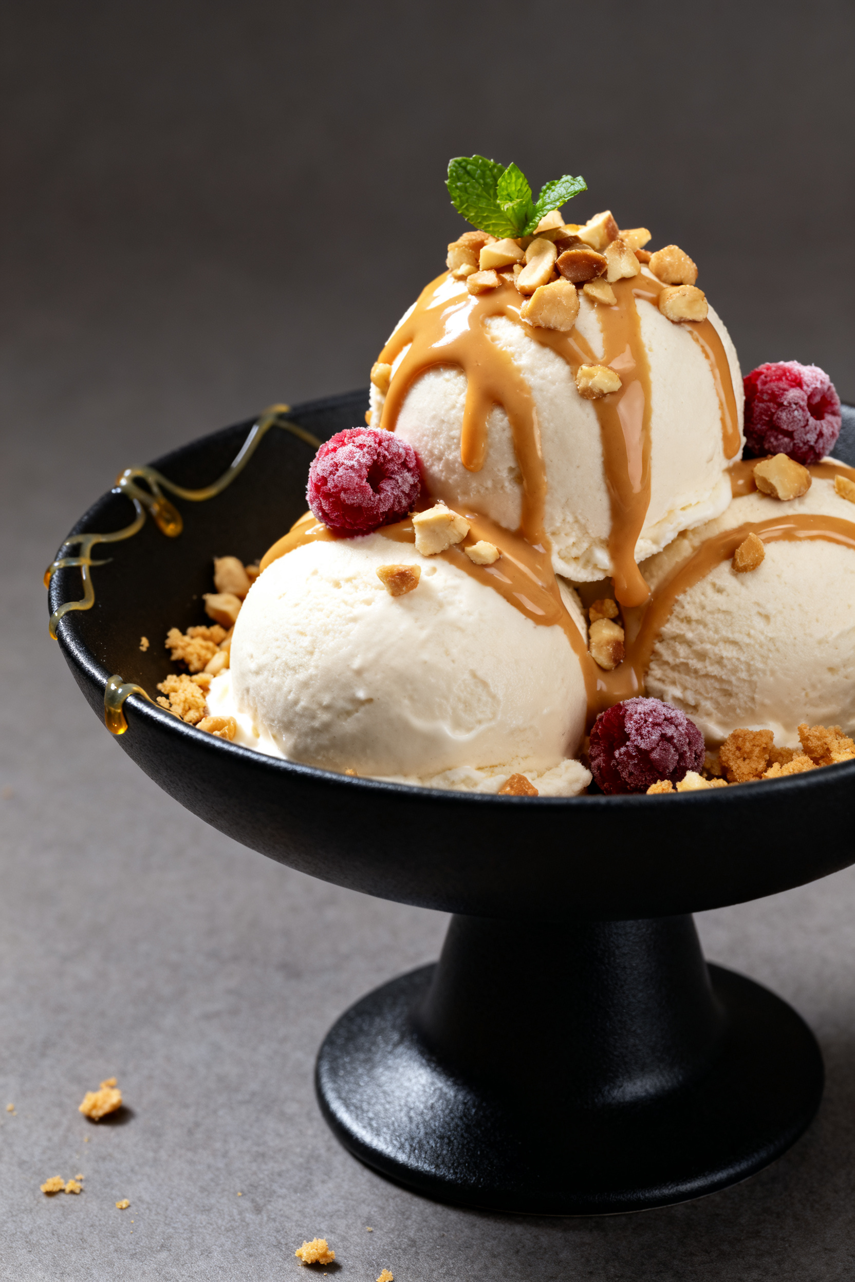 Final dish presentation: Restaurant-quality bowl of High Protein Frozen Yogurt, two perfectly rounde