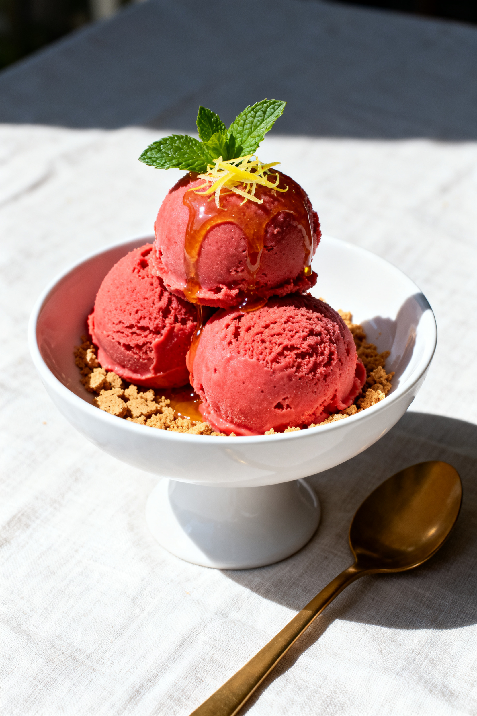 Final dish presentation: Restaurant-quality bowl of high-protein strawberry ice cream, three perfect