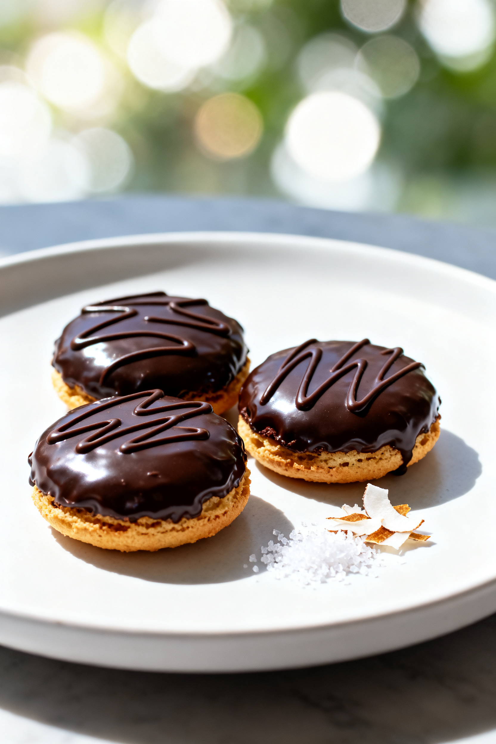 Final dish presentation: Restaurant-quality plate of dark-chocolate-dipped protein macaroons, bottom