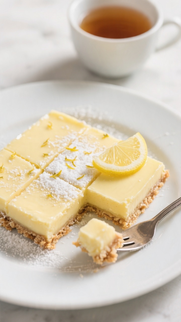 Final dish presentation: Restaurant-quality plate-up of chilled sugar-free lemon bars sliced into ne