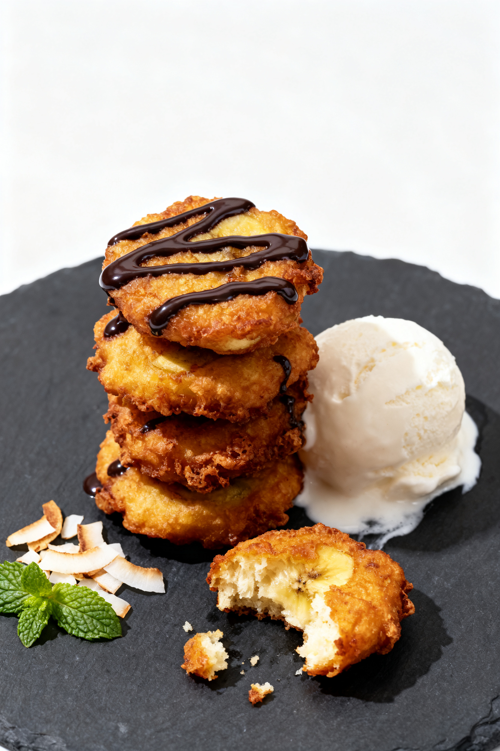 Final dish presentation: Restaurant-quality plating of banana fritters stacked in a neat offset towe