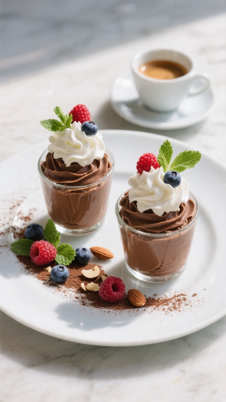 Final dish presentation: Restaurant-quality plating of sugar-free chocolate avocado mousse piped int